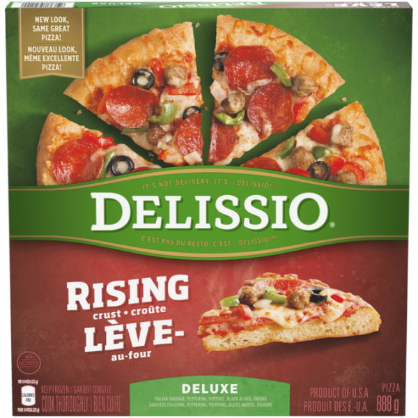 Title text placeholder DELISSIO Rising Crust Deluxe Pizza, 888 grammes.