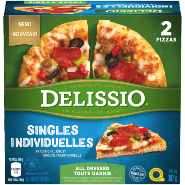 Title text placeholder DELISSIO Singles Traditional Crust Pizza All Dressed Pizza. 2 x 392 gram portions.