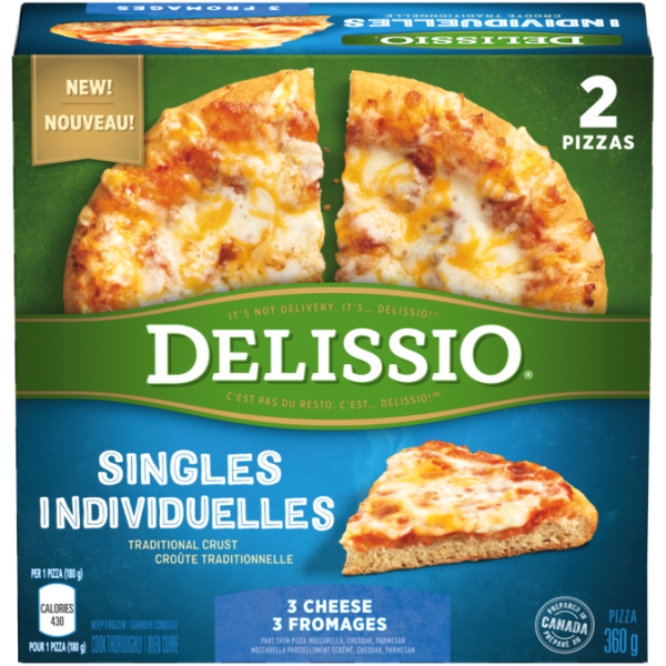 Title text placeholder DELISSIO Pizza 3 fromages pour célibataires, 2 portions de 180 grammes.