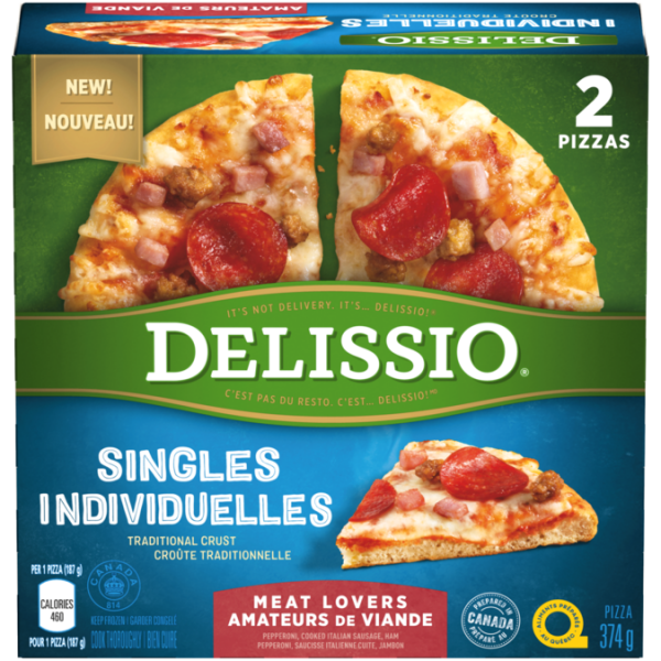 Title text placeholder DELISSIO Pizza pour célibataires amateurs de viande, 2 x 187 grammes.
