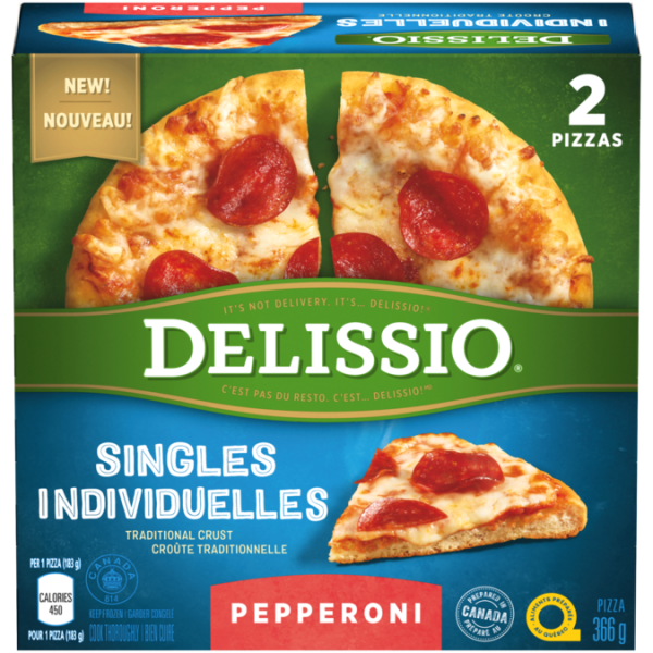 Title text placeholder DELISSIO Pizza au pepperoni pour célibataires, 2 x 183 grammes.