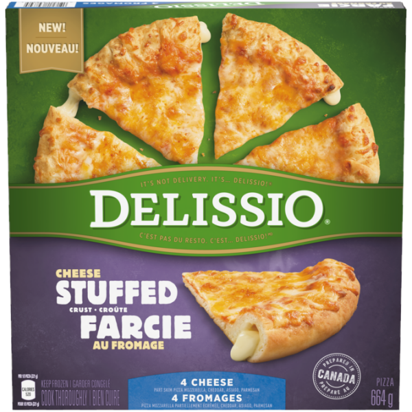 Title text placeholder DELISSIO Stuffed Crust 4 Cheese pizza, 664 grams.