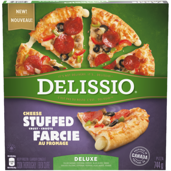 Title text placeholder DELISSIO Stuffed Crust Deluxe Pizza, 744 grams.