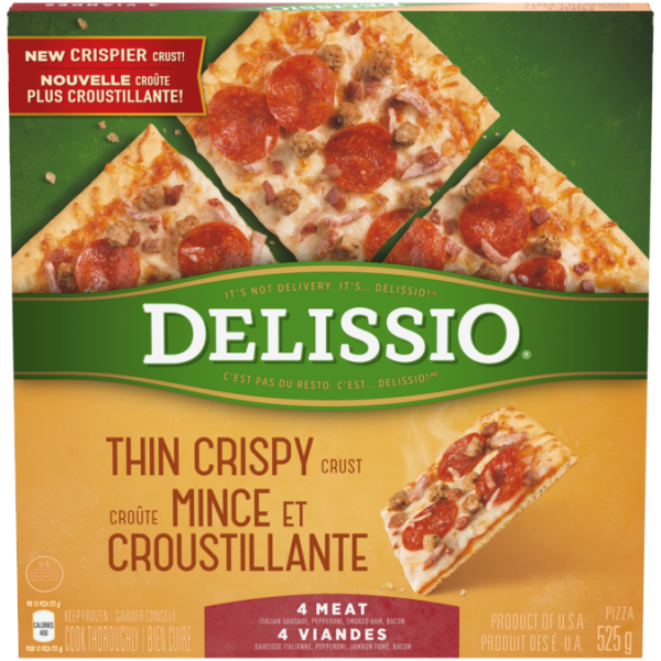 Title text placeholder DELISSIO Thin Crispy Crust 4 Meat Pizza, 525 grams.