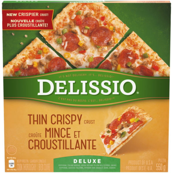 Title text placeholder DELISSIO Thin Crispy Crust Deluxe Pizza, 630 grams.