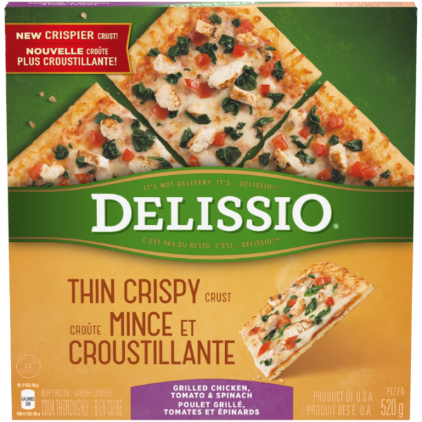 Title text placeholder DELISSIO Thin Crispy Crust 4 Meat Pizza, 525 grams.