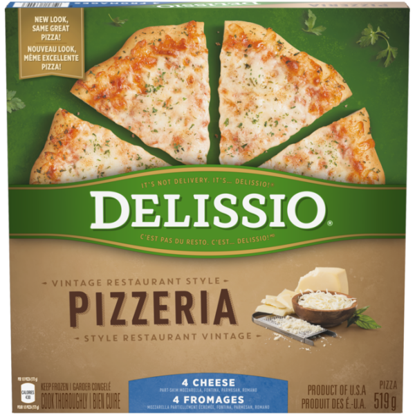 Title text placeholder DELISSIO Pizzeria Vintage 4 Cheese Pizza, 519 grams.