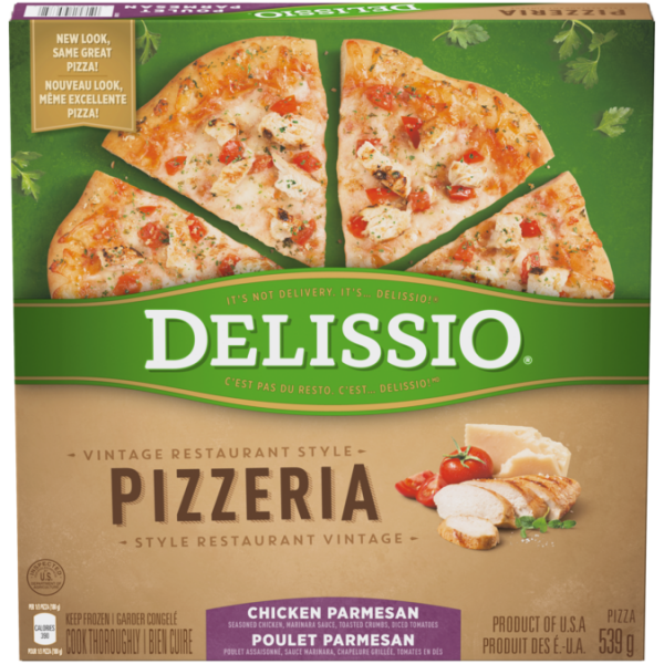 Title text placeholder DELISSIO Pizzeria Vintage Pizza Chicken Parmesan, 539 grams.
