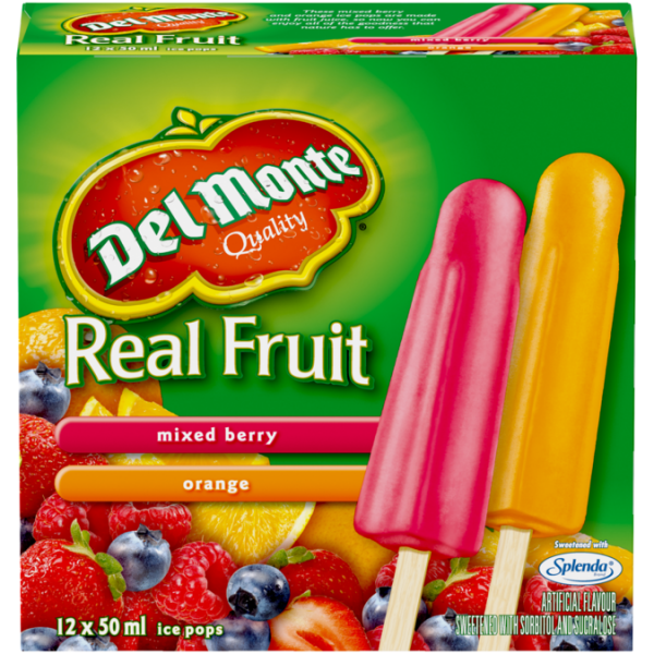 Title text placeholder DEL MONTE Real Fruit Mixed Berry & Orange Ice Pops, 12 x 50ml portions.