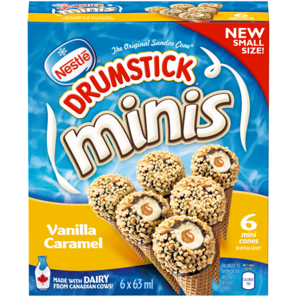 Title text placeholder DRUMSTICK Minis Vanilla Caramel Frozen Desert Cones, Multipack, 6 x 63 ml.