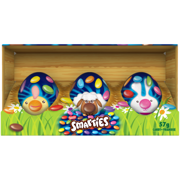 Title text placeholder SMARTIES Eggs, pack of 3. Hollow, chocolatey egg full of classic SMARTIES milk chocolate perfect for Easter fun.