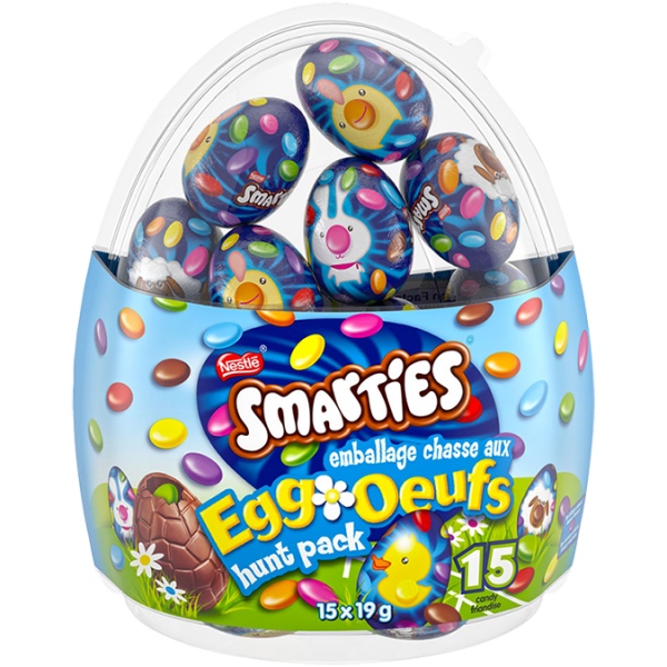 Title text placeholder SMARTIES Chocolate Egg hunt pack, 15 x 9 gram portions.