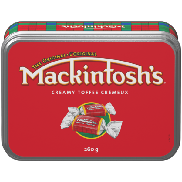 Title text placeholder MACKINTOSH Creamy Toffee Tin, 260 grams.