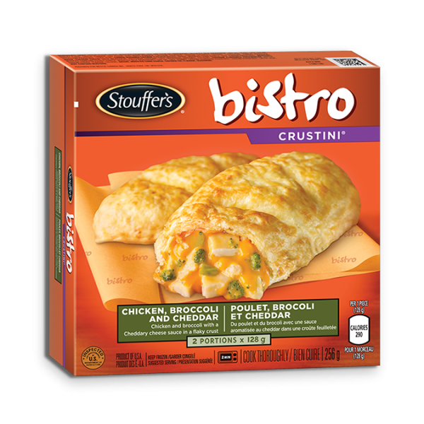 Title text placeholder STOUFFER'S BISTRO Crustini Chicken Broccoli and Cheddar, 256 grams.