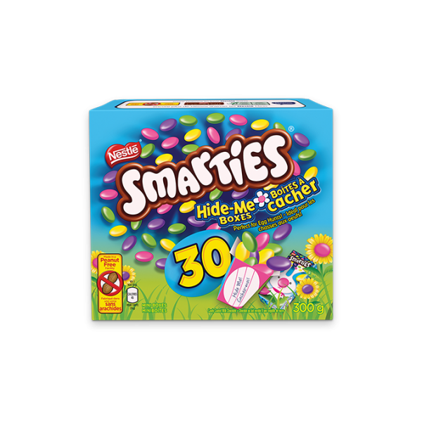 Title text placeholder SMARTIES candy-coated milk chocolate, Hide-Me Boxes perfect for egg hunts, 300 grams.