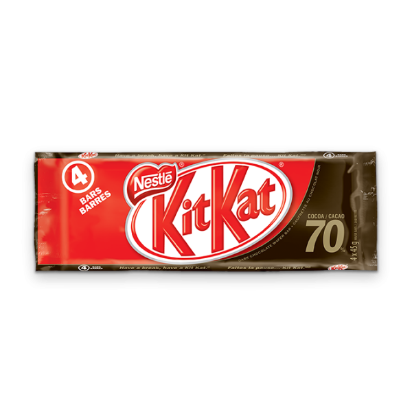 Title text placeholder KIT KAT Tablette de chocolat 70% cacao, emballage multiple, 4 x 45 grammes.