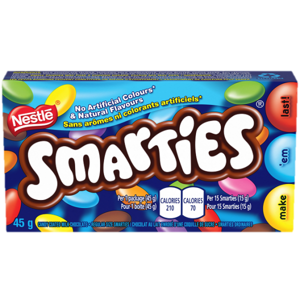 Title text placeholder SMARTIES candy-coated milk chocolate. 45 grams.