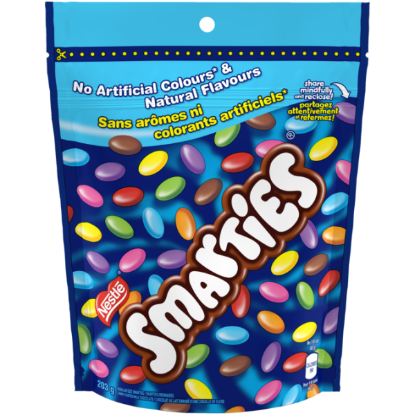 Title text placeholder SMARTIES candy-coated milk chocolate, Resealable Bag, 203 grams.