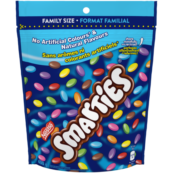 Title text placeholder SMARTIES candy-coated milk chocolate, Resealable Bag, 400 grams.
