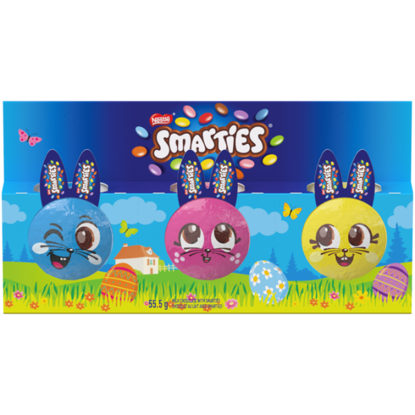 Title text placeholder SMARTIES Easter Mini Chocolate Bunnies, 3 pack, 55 grams.