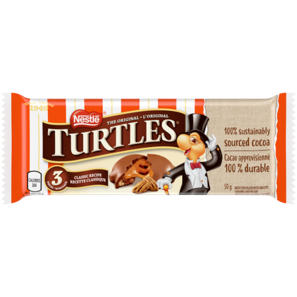 Title text placeholder TURTLES, tablette de chocolat 3 pièces, 50 grammes.