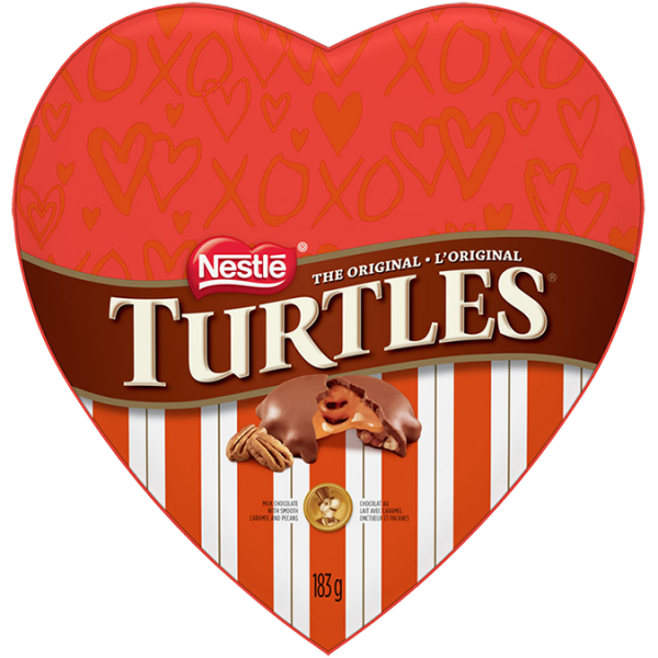 Title text placeholder TURTLES Heart. Silky smooth caramel and crunchy pecans draped in rich, creamy chocolate. 183 grams.
