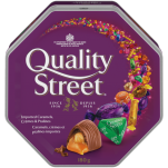 QUALITY STREET Celebration Tin, 180 grams. Assortment of caramels, crèmes, and chocolate pralines.