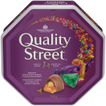 QUALITY STREET Celebration Tin, 725 grams. Assortment of caramels, crèmes, and chocolate pralines.