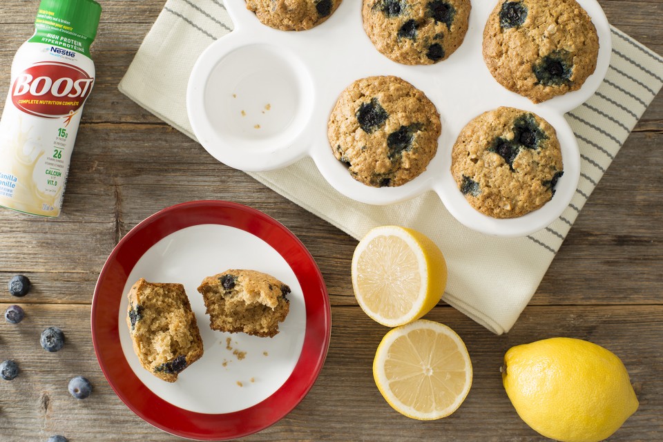 BOOST High Protein Lemon Blueberry Oatmeal Muffins Recipe. this berry filled homemade muffin is a great way to start the day.